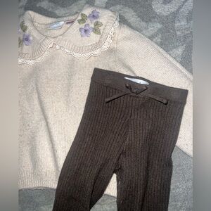 Girls Zara Dark Brown/Green Ribbed Pants with Beige Knitted Floral Sweater